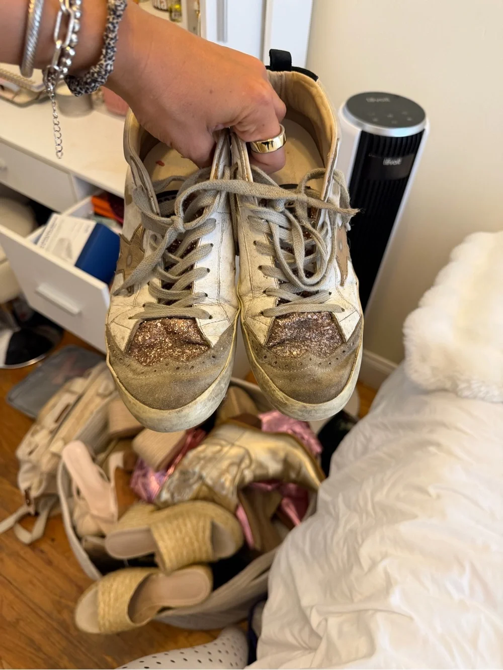 Golden Goose White and Pink Glitter Superstar Sneakers